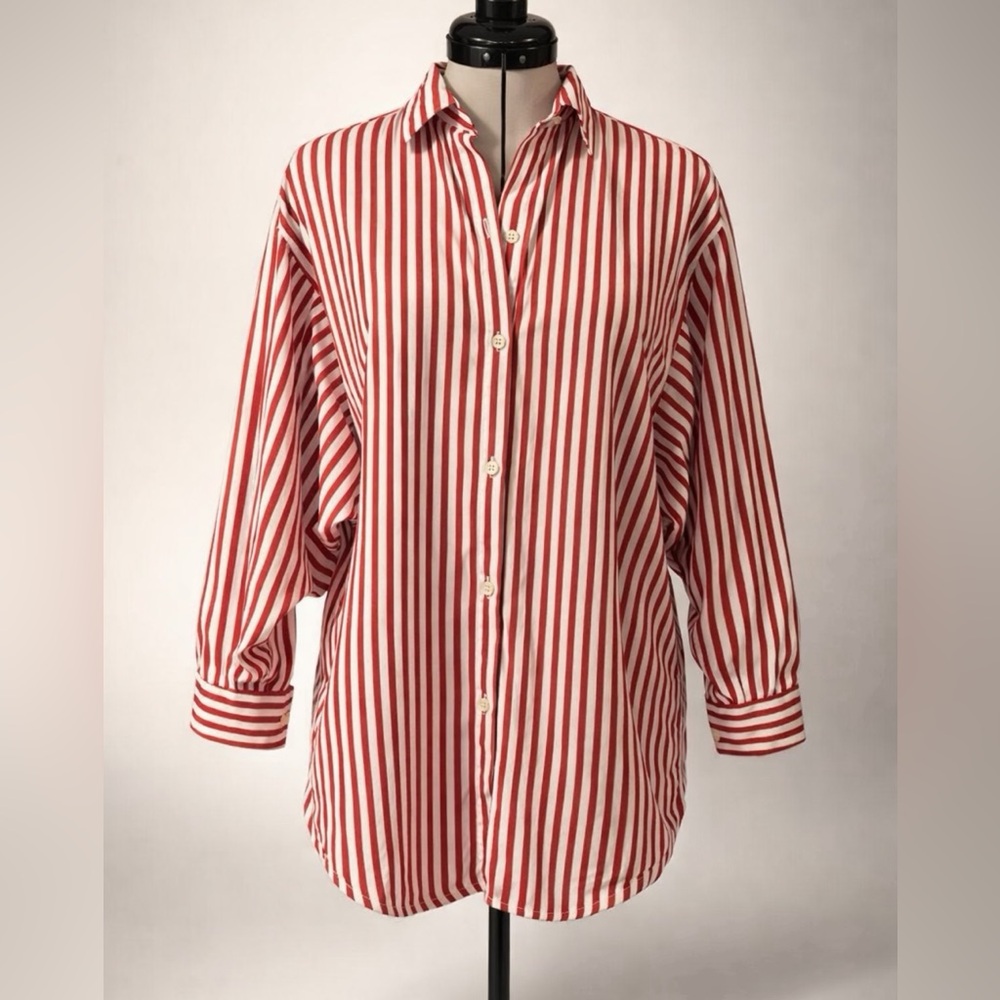 John Henry Cotton Striped Button Down, Dolman Sleeves, red/white, 6